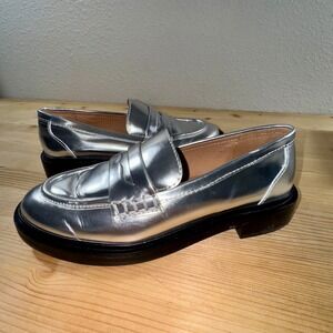 Madewell Vernon Loafers Metallic Silver Leather Penny Slip-On Shoes Sz 6‎ Preppy